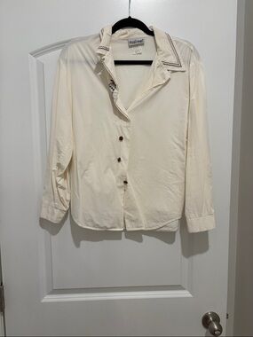 Vintage Cream Button-Up Blouse with Leaf Embroidered Collar